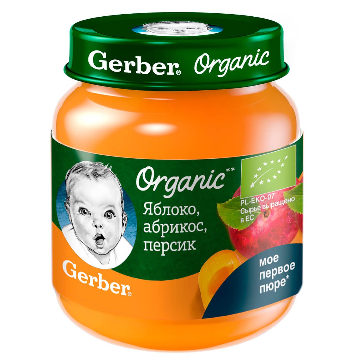 Фруктовое пюре Gerber® «Яблоко, абрикос, персик» cерии Organic