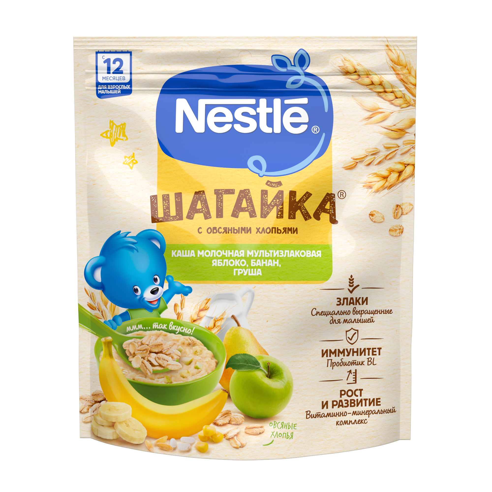 Каша Nestlé ШАГАЙКА Молочная мультизлаковая с яблоком, бананом, грушей с бифидобактериями BL